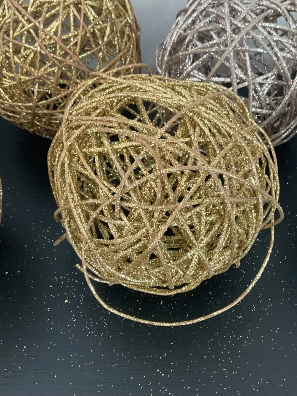 Pier 1 set of 7 Gold & Silver Glitter Round Wood Orbs Balls Holiday Decor